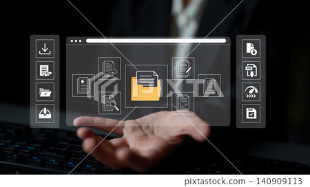 Modern Digital File Management System Interface with Folder Icon and Various Document Graphics for Technology and Business Concepts. Glyphic Modern Digital File Management System Interface with Folder Icon and Various Document Graphics for Technology and Business Concepts. Glyphic 140909113