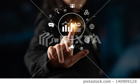 Businesswoman Engaging with Digital Marketing Concepts and Analytics Charts, Leveraging Technology for Growth, Innovation, and Advertising Strategies. Glyphic Businesswoman Engaging with Digital Marketing Concepts and Analytics Charts, Leveraging Technology for Growth, Innovation, and Advertising Strategies. Glyphic 140909128