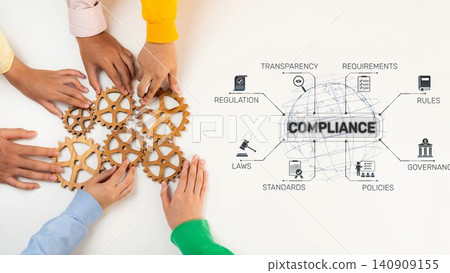Diverse Hands Collaborating to Align Gears, Illustrating Compliance and Regulations in Business Environment with Key Concepts Represented Visually. Raster Diverse Hands Collaborating to Align Gears, Illustrating Compliance and Regulations in Business Environment with Key Concepts Represented Visually. Raster 140909155