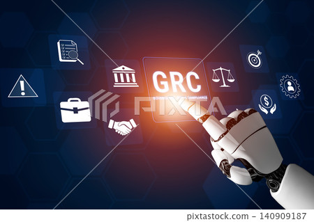 Futuristic Robotic Hand Interacting with Governance Risk and Compliance Icons, Symbolizing Digital Transformation and Innovation in Business Management. Glyphic Futuristic Robotic Hand Interacting with Governance Risk and Compliance Icons, Symbolizing Digital Transformation and Innovation in Business Management. Glyphic 140909187