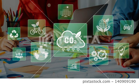 Digital illustrations of sustainable concepts, carbon footprint reduction, environmental awareness, and eco-friendly practices, reflecting modern climate solutions and responsibility. Raster Digital illustrations of sustainable concepts, carbon footprint reduction, environmental awareness, and eco-friendly practices, reflecting modern climate solutions and responsibility. Raster 140909190