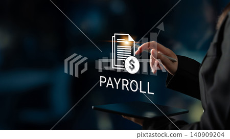 Hand Holding Tablet with Digital Payroll Concept Displayed on Screen, Business Finance Technology with Chart and Dollar Symbol Ledger Hand Holding Tablet with Digital Payroll Concept Displayed on Screen, Business Finance Technology with Chart and Dollar Symbol Ledger 140909204