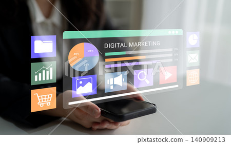 Digital Marketing Analytics and Strategy Visualization with Technology and Smartphone in Modern Workspace Environment Ledger Digital Marketing Analytics and Strategy Visualization with Technology and Smartphone in Modern Workspace Environment Ledger 140909213