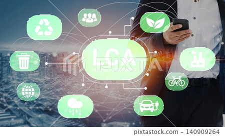 Concept of Life Cycle Assessment (LCA) with Digital Icons for Sustainability and Environmental Impact Analysis in Urban Setting Gluon 140909264