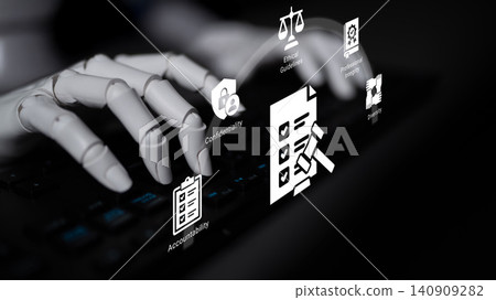 Robotic Hand Typing on Keyboard with Symbols Representing Accountability, Confidentiality, Ethical Behavior, and Integrity in Digital Environment Ledger Robotic Hand Typing on Keyboard with Symbols Representing Accountability, Confidentiality, Ethical Behavior, and Integrity in Digital Environment Ledger 140909282