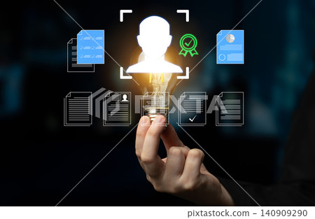 Concept of digital identity verification with futuristic features, blue background showcasing documents, light bulb, and secure symbols representing technology and security Haptic Concept of digital identity verification with futuristic features, blue background showcasing documents, light bulb, and secure symbols representing technology and security Haptic 140909290
