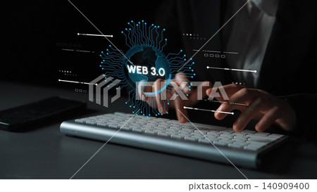 Digital Transformation Concepts with Hands Typing on Keyboard and Web 3.0 Elements in Dark Environment Representing Modern Technology and Innovation. Entropy 140909400