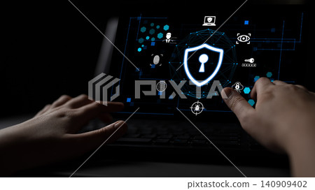Futuristic Concepts of Cybersecurity and Data Protection with Hands Interacting on a Laptop Screen Presenting Security Icons and Shield Symbol Fluxor Futuristic Concepts of Cybersecurity and Data Protection with Hands Interacting on a Laptop Screen Presenting Security Icons and Shield Symbol Fluxor 140909402