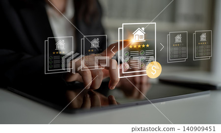 Business professional reviewing property listings and financial data on digital tablet with innovative technology for real estate evaluation Ledger Business professional reviewing property listings and financial data on digital tablet with innovative technology for real estate evaluation Ledger 140909451
