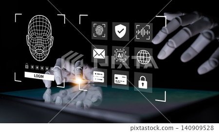 Futuristic Digital Interface with Facial Recognition Technology for Secure Login Featuring Cybersecurity Icons and Robotic Hands Ledger 140909528