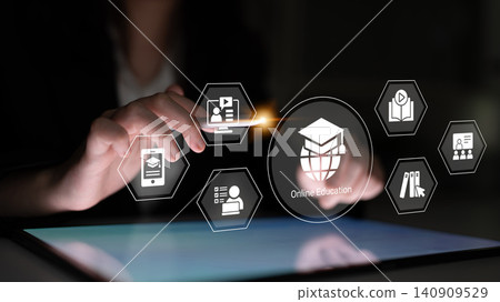 Modern Digital Learning Solutions Concept with Icons Representing Online Education and Technology on a Touchscreen Device Cyphers. Modern Digital Learning Solutions Concept with Icons Representing Online Education and Technology on a Touchscreen Device Cyphers. 140909529