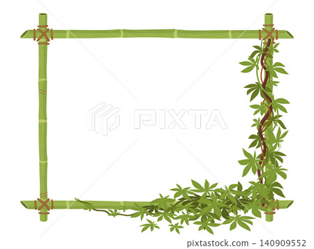 Bamboo botanical frame. Square bamboo border with climbing green leaves flat vector illustration. Natural decorative frame isolated on white background Bamboo botanical frame. Square bamboo border with climbing green leaves flat vector illustration. Natural decorative frame isolated on white background 140909552