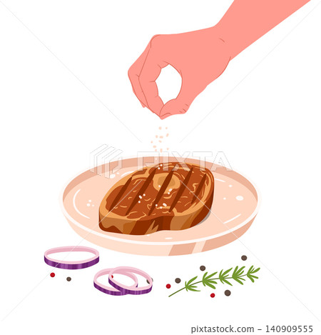Grilled steak seasoning. Hand sprinkling salt over grilled beef steak with herbs and onion flat vector illustration. Barbecue meat food isolated on white background Grilled steak seasoning. Hand sprinkling salt over grilled beef steak with herbs and onion flat vector illustration. Barbecue meat food isolated on white background 140909555