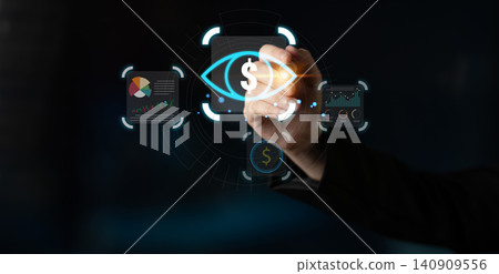 Digital Data Analysis and Financial Insights Concept with Business Graphs and Eye Symbol for Investment Strategy Visualization. Sentient Digital Data Analysis and Financial Insights Concept with Business Graphs and Eye Symbol for Investment Strategy Visualization. Sentient 140909556