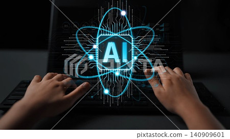 A close-up view of hands interacting with a laptop featuring an artificial intelligence symbol, representing the integration of technology in modern society. Sigmoid A close-up view of hands interacting with a laptop featuring an artificial intelligence symbol, representing the integration of technology in modern society. Sigmoid 140909601