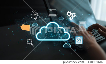 Innovative Cloud Technology and Digital Data Management Concept with Icons Representing Modern Business Solutions and Productivity Tools. Entropy Innovative Cloud Technology and Digital Data Management Concept with Icons Representing Modern Business Solutions and Productivity Tools. Entropy 140909602
