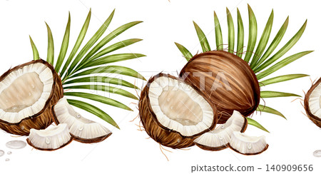 Coconut Seamless Border Watercolor Illustration 140909656