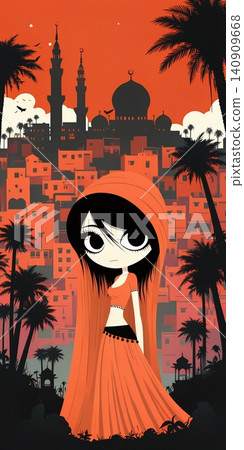 A stylized illustration of a young woman in traditional attire set against a vibrant desert cityscape. 140909668