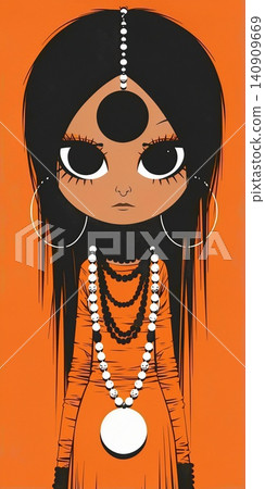 A stylized portrait of a young woman with striking features and a serene expression. A stylized portrait of a young woman with striking features and a serene expression. 140909669