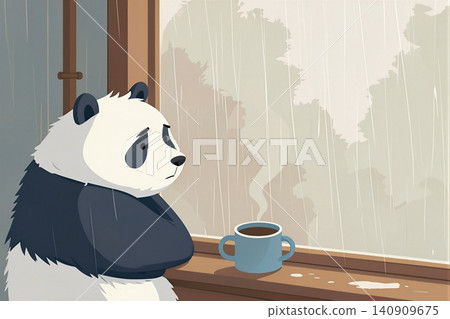 A melancholic panda sits by a window watching the rain, cradling a warm drink. A melancholic panda sits by a window watching the rain, cradling a warm drink. 140909675
