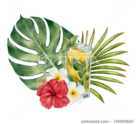 Tropical Summer Cocktail Watercolor Illustration Tropical Summer Cocktail Watercolor Illustration 140909685