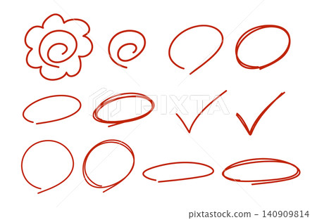 A set of hand-drawn red circles, perfect marks, and checkmarks. A set of hand-drawn red circles, perfect marks, and checkmarks. 140909814