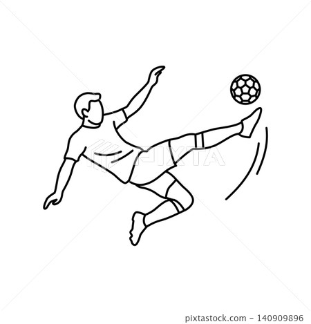 Black and white line art icon of a soccer player performing a scissor kick. Minimalist design ideal for sports graphics, websites, and mobile apps. Black and white line art icon of a soccer player performing a scissor kick. Minimalist design ideal for sports graphics, websites, and mobile apps. 140909896