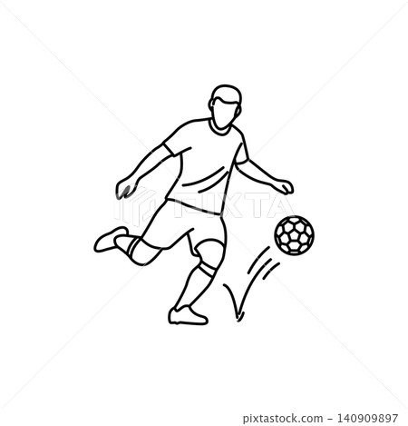 Black and white line art icon of a soccer player performing a half-volley. Minimalist design ideal for sports graphics, websites, and mobile apps. Black and white line art icon of a soccer player performing a half-volley. Minimalist design ideal for sports graphics, websites, and mobile apps. 140909897