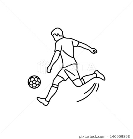 Black and white line art icon of a soccer player performing a backheel flick. Minimalist design ideal for sports graphics, websites, and mobile apps. Black and white line art icon of a soccer player performing a backheel flick. Minimalist design ideal for sports graphics, websites, and mobile apps. 140909898