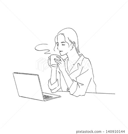 線條畫插圖，描繪了一位正在休息喝咖啡的上班族（休息時間）。 140910144