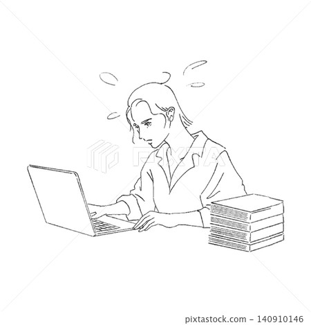 一幅線條畫插圖，描繪了一位壓力過大、不堪重負的辦公桌工作人員（電腦/辦公室工作）。 140910146