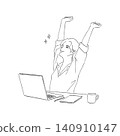線條畫描繪了一位辦公桌前的工作人員伸展身體放鬆的場景。 140910147