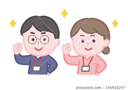 一名男性和一名女性護理人員擺出勝利的姿勢。 140910247