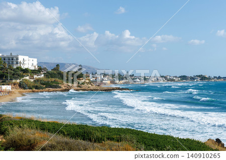 Italian Mediterranean coastline with beach hotels and mountains Italian Mediterranean coastline with beach hotels and mountains 140910265