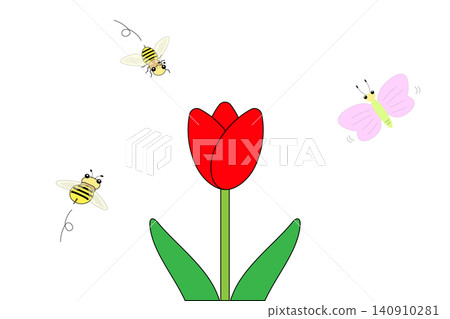 蝴蝶和蜜蜂聚集在鬱金香花上 蝴蝶和蜜蜂聚集在鬱金香花上 140910281