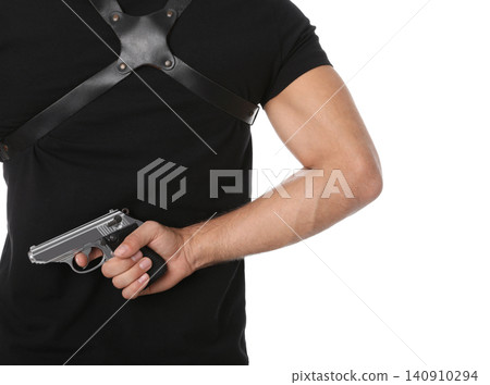 Professional killer with gun on white background, closeup Professional killer with gun on white background, closeup 140910294