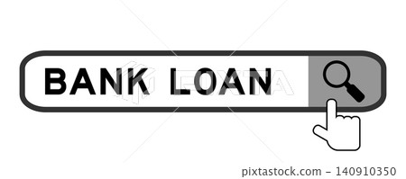 Search banner in word bank loan with hand over magnifier icon on white background Search banner in word bank loan with hand over magnifier icon on white background 140910350