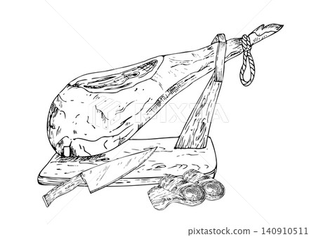 Vector whole cured ham leg on a wooden stand with knife. Graphic ink Traditional spanish jamon serrano illustration, isolated on background. Hand drawn line sketch. For designers, prints, logo, icon, Vector whole cured ham leg on a wooden stand with knife. Graphic ink Traditional spanish jamon serrano illustration, isolated on background. Hand drawn line sketch. For designers, prints, logo, icon, 140910511