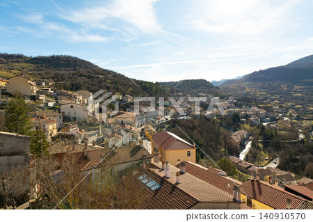 A scenic overview of the historic town of Barrea nestled in the Apennines 140910570
