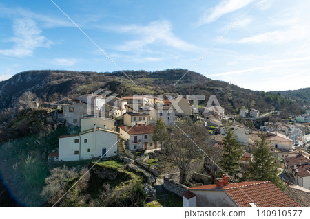 Aerial panoramic view of Barrea village, mountains and valley in Abruzzo Aerial panoramic view of Barrea village, mountains and valley in Abruzzo 140910577