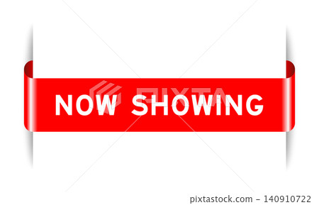 Red color inserted label banner with word now showing on white background Red color inserted label banner with word now showing on white background 140910722