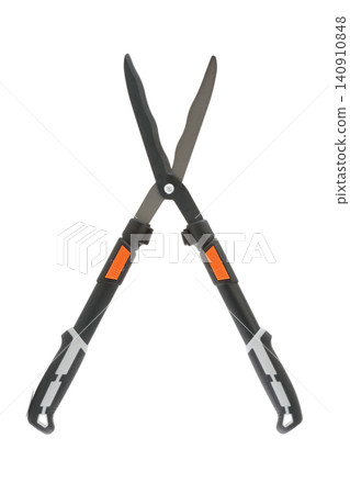 Garden shears open on white Garden shears open on white 140910848