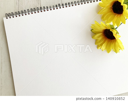 Summer vacation and summer memories, independent research project - a white sketchbook and sunflowers 140910852