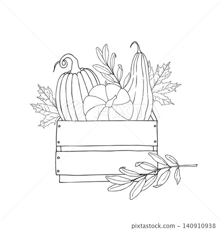 Vector pumpkins on wooden box. Vegetable seeds, graphic hand drawn isolated illustration. Halloween autumn leaves, harvest and thanksgiving themes. Isolated botanical illustration for seasonal food an Vector pumpkins on wooden box. Vegetable seeds, graphic hand drawn isolated illustration. Halloween autumn leaves, harvest and thanksgiving themes. Isolated botanical illustration for seasonal food an 140910938