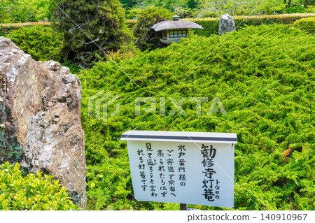 京都市山科區觀修寺研習堂南庭園的燈籠和杜松樹。 京都市山科區觀修寺研習堂南庭園的燈籠和杜松樹。 140910967