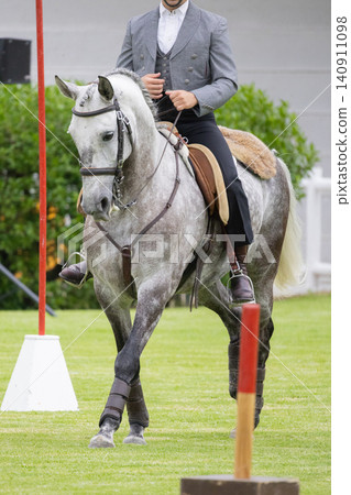 Horse and rider practice in a riding arena during a competition event in the afternoon light near a grassy area 140911098