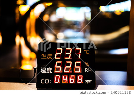 放置在黑暗房間裡的二氧化碳濃度計。 140911158