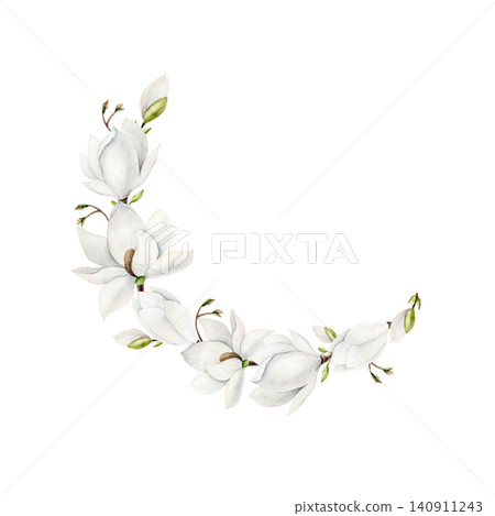 Magnolia branch frame, wreath, template with white flowers. Watercolor hand drawn spring lush blossom with green buds on a tree illustration isolated on background, transparent png. Botanical and wedd Magnolia branch frame, wreath, template with white flowers. Watercolor hand drawn spring lush blossom with green buds on a tree illustration isolated on background, transparent png. Botanical and wedd 140911243