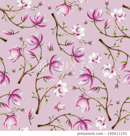 Magnolia branch with pink flowers seamless pattern. Watercolor hand drawn spring lush blossom with green buds on a tree illustration isolated on background, transparent png. Botanical and wedding clip 140911245