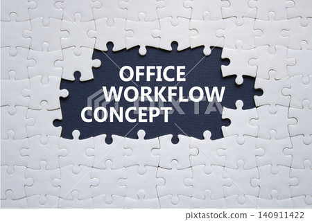 Office Workflow Concept symbol. White puzzle with words Office Workflow Concept. Beautiful deep blue background. Business concept. Copy space. Office Workflow Concept symbol. White puzzle with words Office Workflow Concept. Beautiful deep blue background. Business concept. Copy space. 140911422